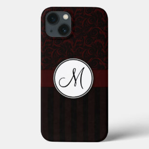 Black Cherry Floral Wisps & Stripes with Monogram iPhone 13 Case