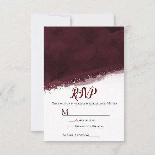 Black Cherry Watercolor Gold Modern Wedding RSVP (Front)