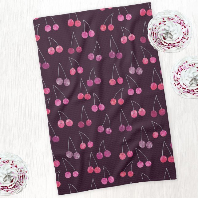 Black Cherry Watercolor Pattern Tea Towel (Watercolor black cherries pattern kitchen tea towel)