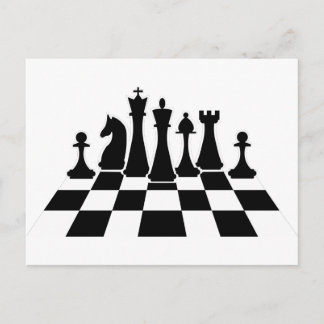 Black chess pieces on a chessboard postcard