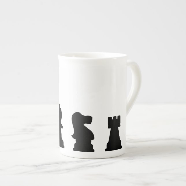 Black chess pieces on white bone china mug (Front Right)