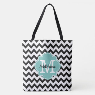 Black Chevron Aqua Monogram & Personalised Name Tote Bag