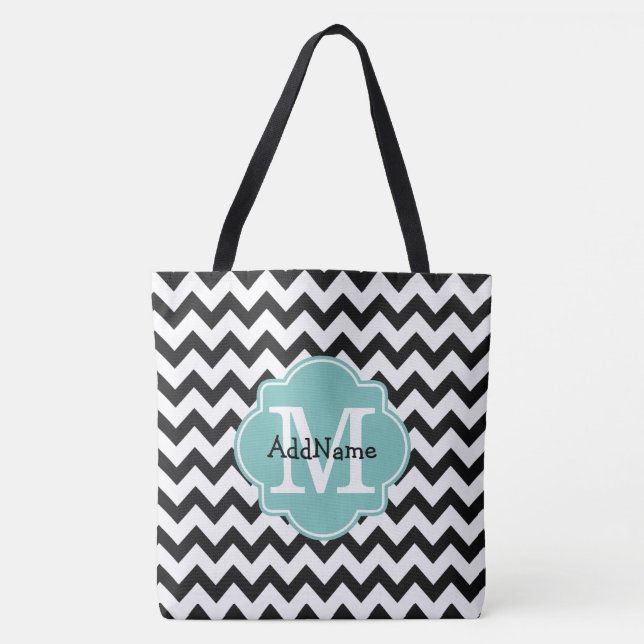 Black Chevron Aqua Monogram & Personalised Name Tote Bag (Front)