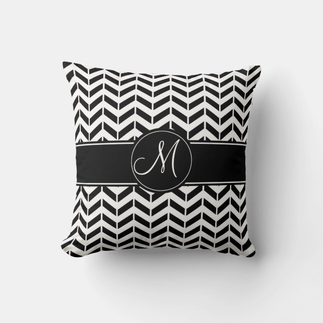 Black Chevron Geometric with Custom Monogram Cushion (Front)