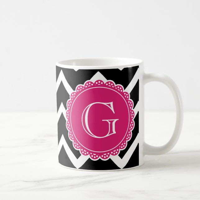 Black Chevron Hot Pink Monogram Coffee Mug (Right)