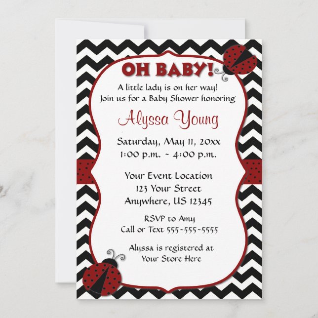 Black Chevron Ladybug Baby Shower Invite (Front)