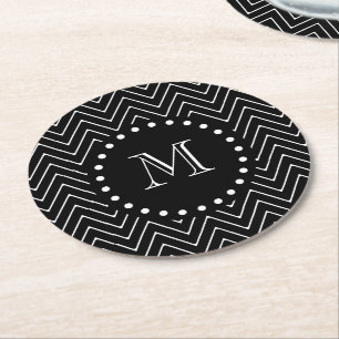 Black Chevron Pattern Black Monogram Round Paper Coaster