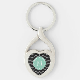 Black Chevron Pattern   Mint Green Monogram Key Ring