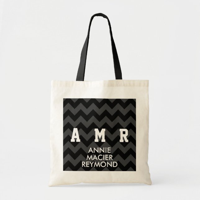 black chevron personalized custom initials tote bag (Front)