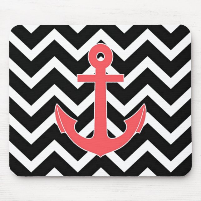 Black Chevron Pink Anchor Mouse Pad (Front)