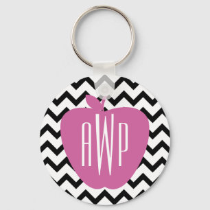 Black Chevron Pink Apple Monogram Teacher Key Ring