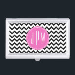 Black Chevron Pink Monogram Business Card Holder<br><div class="desc">A business card holder which can be customised by you with your monogram inside pink circle.  Background is black and white chevron.</div>
