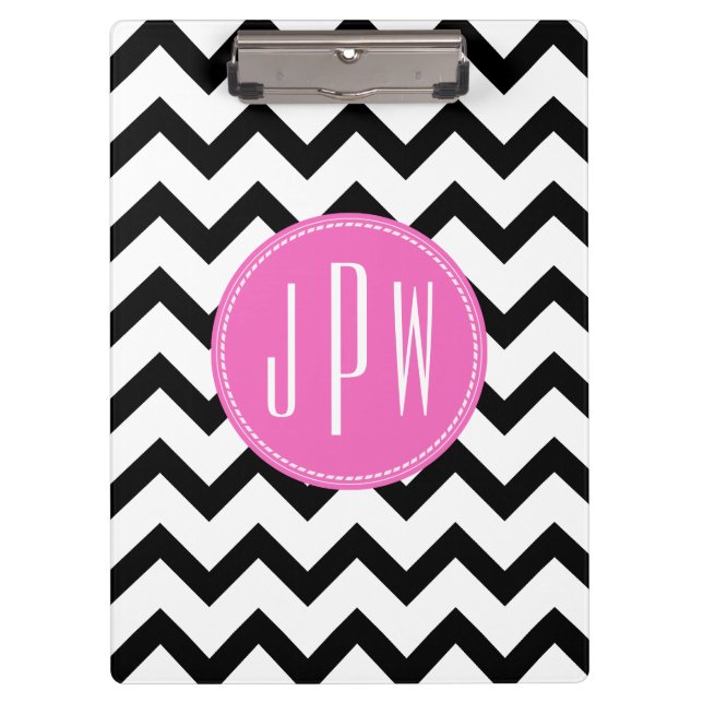 Black Chevron & Pink Monogram Clipboard (Front)