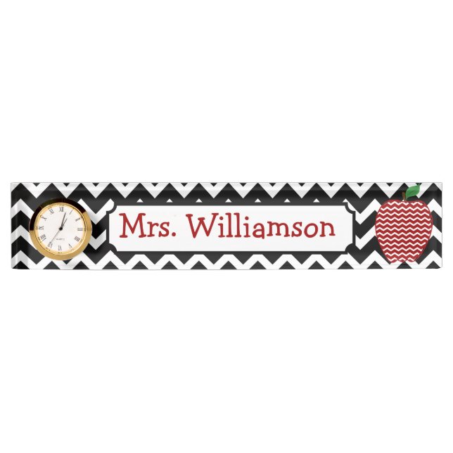Black Chevron Red Apple Teacher Nameplate (Front)