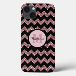 Black Chevron Rose Pink Glitter Monogram iPhone 13 Case