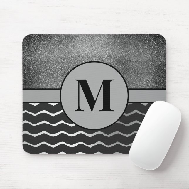 Black Chevron Silver Glitter Monogram Initial Mouse Pad (With Mouse)