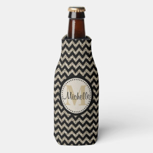 Black Chevron Silver Gold Monogram Bottle Cooler