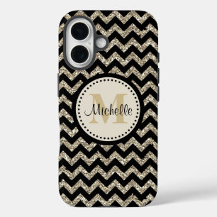 Black Chevron Silver Gold Monogram iPhone 16 Case
