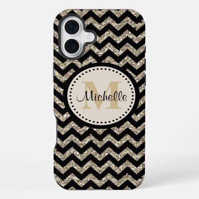 Black Chevron Silver Gold Monogram iPhone Case (Back)