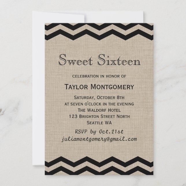 Black Chevrons on Burlap Sweet Sixteen Invitation (Front)