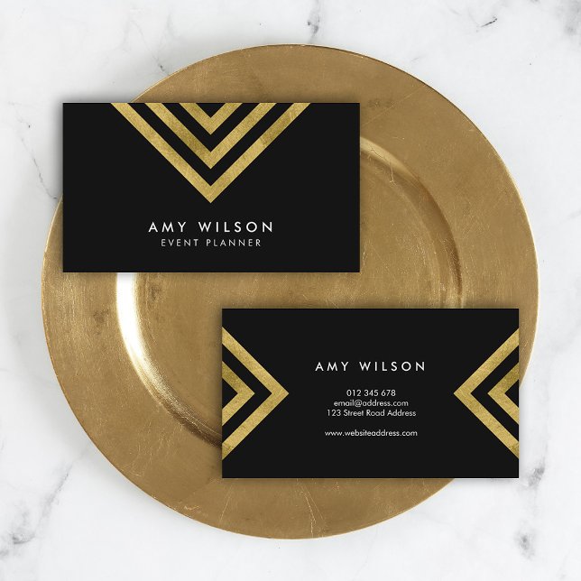 Black Chic Faux Gold Geometric Event Planner Business Card (Creator Uploaded)