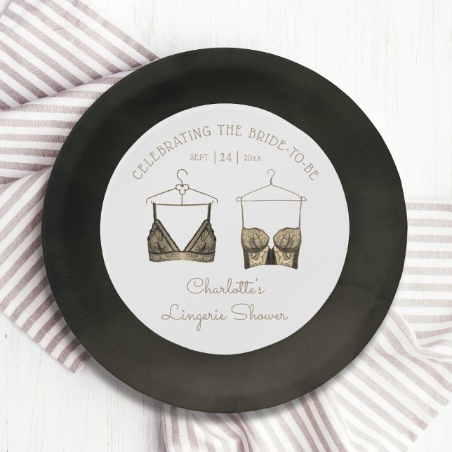 Black Chic Lace Watercolor Lingerie Bridal Shower  Paper Plate (Creator Uploaded)