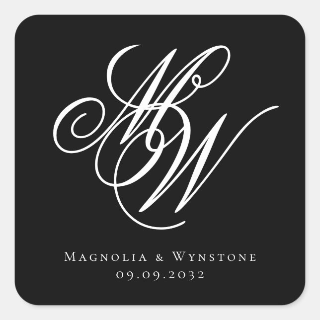 Black Chic Monogram Wedding Square Sticker (Front)