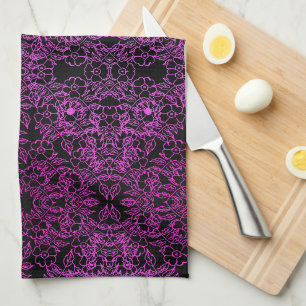 Black chic pink Gradient botanical vintage floral Tea Towel