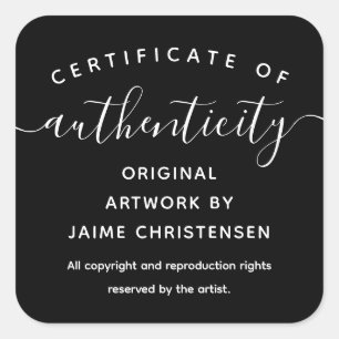 Black Chic Script Certificate of Authenticity Square Sticker