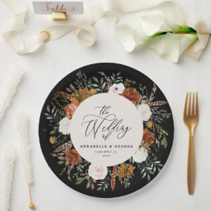 Black chic terracotta floral rustic elegant modern paper plate