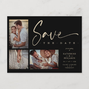 Black Chic Trendy Collage Wedding 3 Photos Postcard