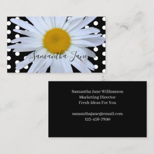 Black Chic White Polka Dots Daisy Custom Business Card