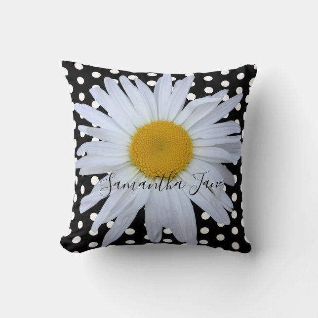 Black Chic White Polka Dots Daisy Custom Cushion (Front)