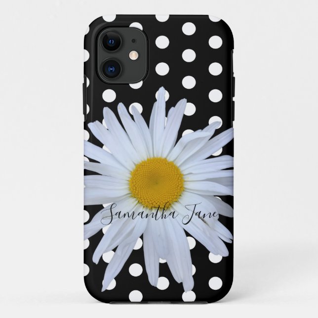Black Chic White Polka Dots Fun Daisy Custom Case-Mate iPhone Case (Back)