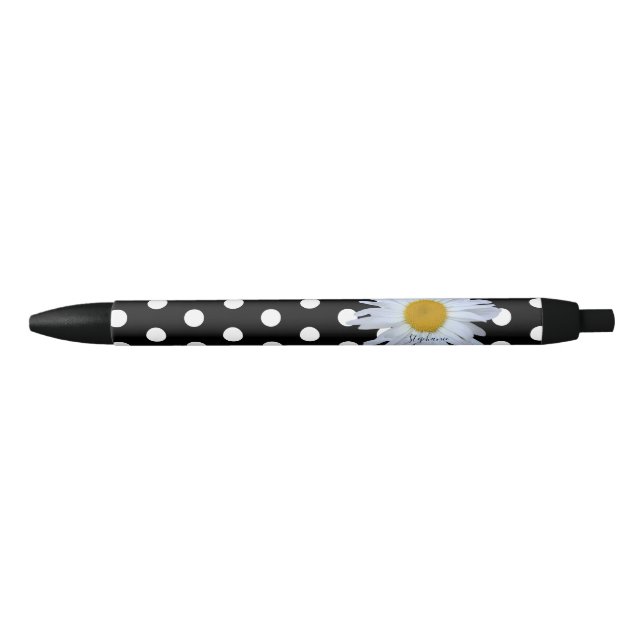 Black Chic White Polka Dots Fun Daisy Custom Ink Pen (Front)