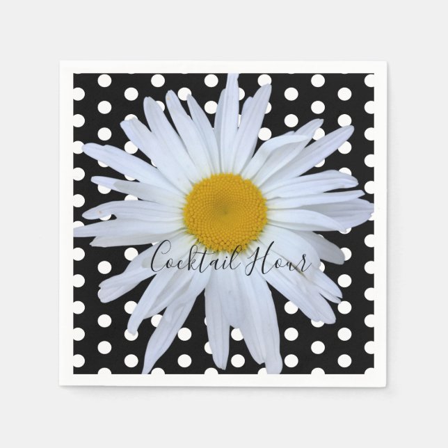 Black Chic White Polka Dots Fun Daisy Custom Napkin (Front)