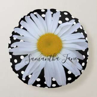 Black Chic White Polka Dots Fun Daisy Custom Round Cushion