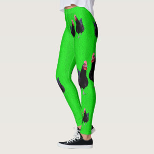 Black Chickens On Lime Green, Leggings