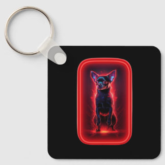 Black Chihuahua Dances Amidst Neon Red Light Key Ring