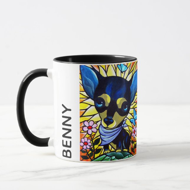 Black Chihuahua Dog Cartoon Art Personalised Name Mug (Left)