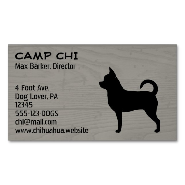Black Chihuahua Dog Silhouette Faux Wood Style Magnetic Business Card (Front)