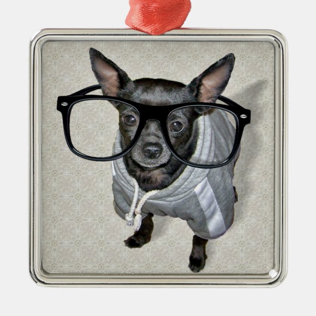 Black Chihuahua with Glasses Photo Metal Tree Decoration (Front)
