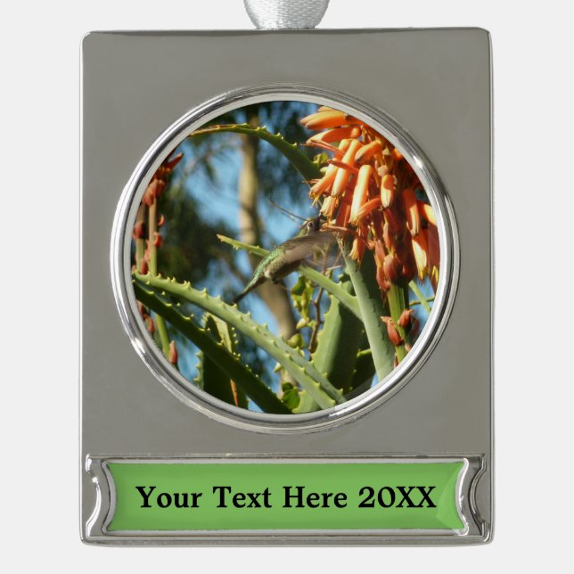 Black-Chinned Hummingbird in Flight Silver Plated Banner Ornament (Front)