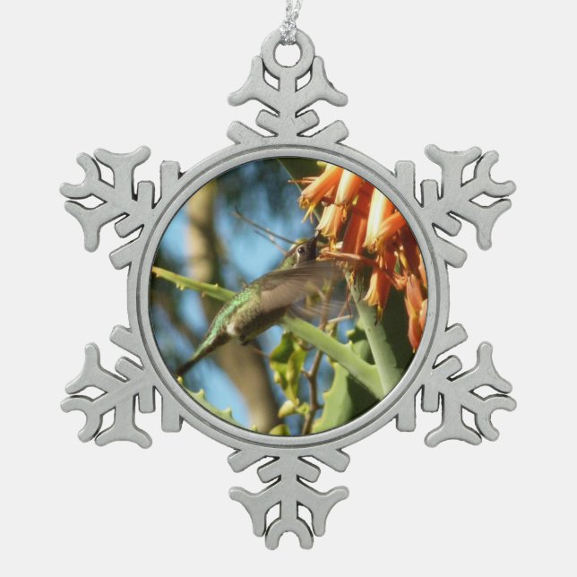 Black-Chinned Hummingbird in Flight Snowflake Pewter Christmas Ornament (Front)