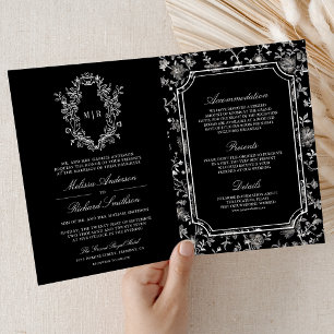 Black Chinoiserie Crest QR Code Wedding Invitation