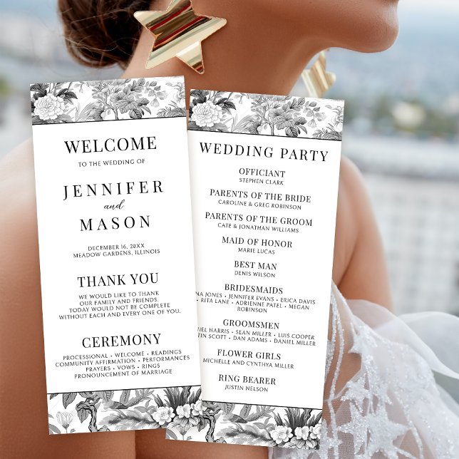 Black chinoiserie floral wedding program cards (Creator Uploaded)