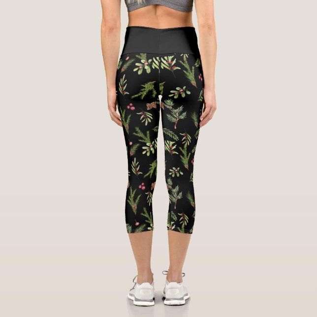 Black Christmas botanical elegant modern  Capri Leggings (Back)