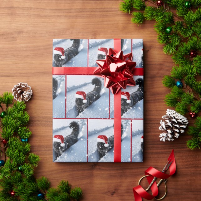Black Christmas Cat In Deep Snow Wrapping Paper (Holiday Gift)
