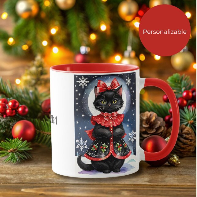 Black Christmas Cat in Holly Outfit Mug (Creator Uploaded)