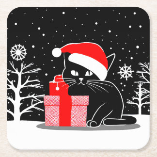 Black Christmas Cat Square Paper Coaster